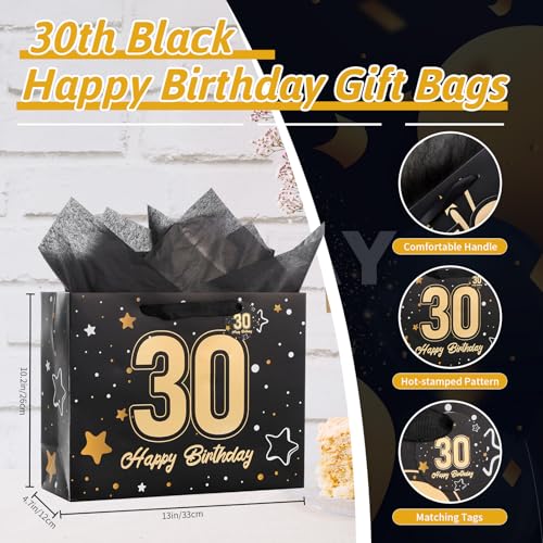 Image of Powbrace 13 inch Black 30th Birthday Gift Bag with Tissue Paper and Greeting Card for Party,Happy Birthday Gift Bag for Men Women,Gift Bags Medium size(1 Black 30th)