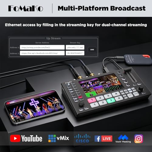 Image of FoMaKo 4k HDMI Video Mixer Switcher,4xSDI&4xHDMI Input,5.5 Inch FHD LCD Screen, 5-Channel Multi-Cam Live Streaming Switcher, 4K 60FPS Input, 1080p 60FPS Output,Support PTZ Controller, M4