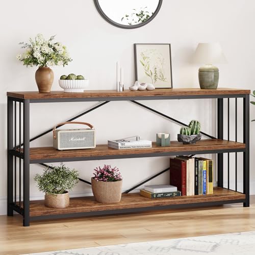 LVB Rustic 3 Tier Entryway Table, Industrial Long Wood Sofa