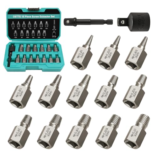 OSTTE 15 Pieces Screw Extractor Set, Easy Out Bolt Extractor Kit, 3/8" Hex Drive Multi-Spline Remover Tool for Stripped, Broken, Rusted, Rounded Bolts, Screws(Cr-Mo Steel)