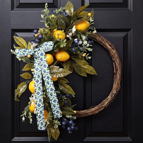 Suncalla 20 Inch Summer Lemon Wreath for Front Door with Artificial Blue Berry Bow Farmhouse Spring Summer Decor for Home Porch Window Wall Wedding Party Indoor and Outdoor