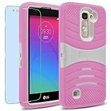 LG K7 / Tribute 5 Case, INNOVAA Turbulent Heavy Duty Shockproof Kickstand Dual-Layer Rugged Armor Case W/Free Screen Protector & Touch Screen Stylus Pen - White/Pink