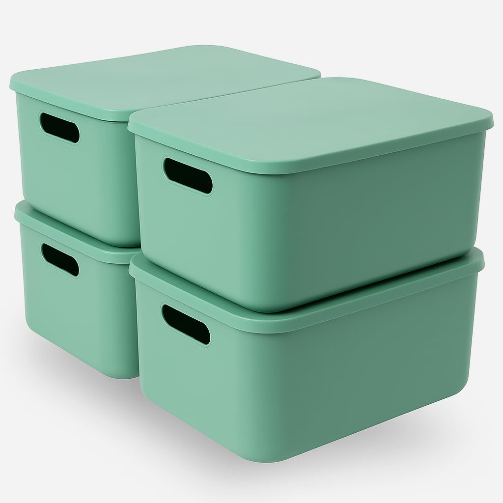 Debrymn Green Plastic Storage Box With Lids,4Pack Stackable Plastic Storage Baskets With Stackable Cupboard Organiser For Shelves,Kitchen,Bathroom,Playroom,Classroom,Office,Nursery,Home,Desktop Organizer