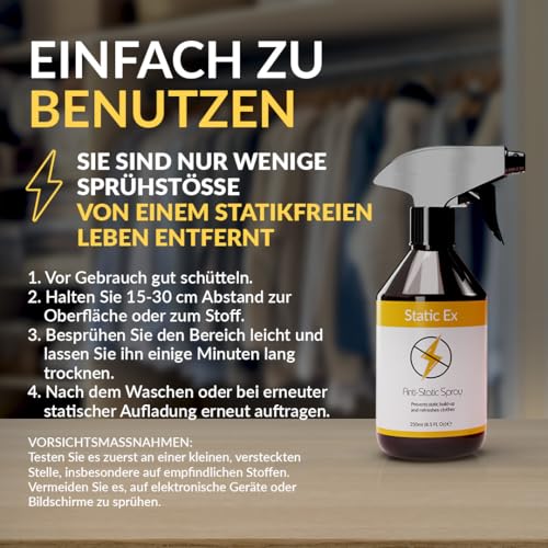StaticEx Antistatik Spray Kleidung - Geruchsneutrales Antistatisches Spray, Anti Static für Kleidung, Teppich, Möbel & Textilien, Auto - Gegen statische Aufladung (250 ml (1er Pack))