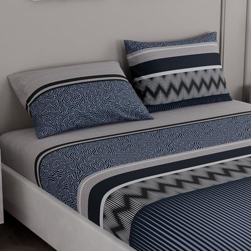 Image of BLISSHOME SoftTouch 150TC Cotton King Size Fitted Bedsheet with 2 Pillow Covers, Silky Smooth Bedding Set, Breathable, Easy Maintain, Geometric Pattern - Navy (183cm x 198cm + 25cm Drop)