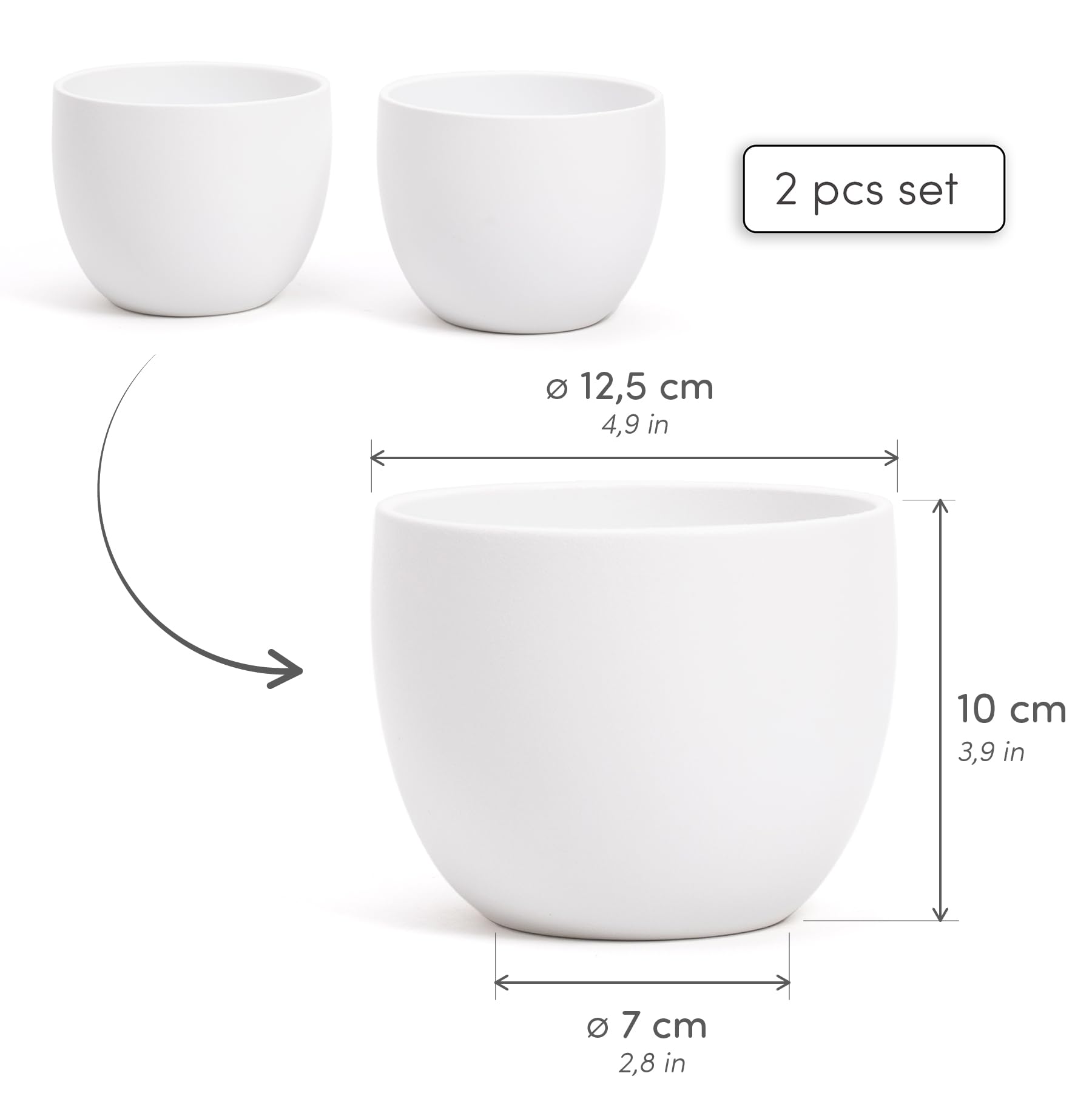 Elegante jarrón de Terracota | Blanco Mate | para Interior o Exterior | D.12,5 cm - H.13 cm | Maceta Decorativa Moderna para Plantas, Flores, Plantas suculentas, orquídeas, Sansevieria (2 x – Ø 12,5