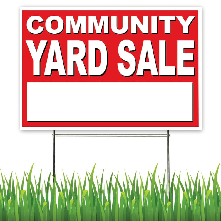 1 Qty of 18x12 Inch COMMUNITY YARD SALE Lawn Yard Sign with Stake rb1s, Small, Red