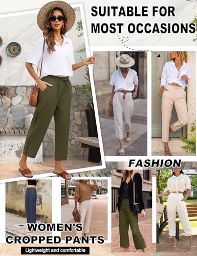 CMTOP Leinenhose Damen Weite Freizeithose mit Kordelzug und Taschen 7/8 Elastische Gerades Bein Sommerhose Bequeme Strandhose aus Baumwolle(Militärgrün,XL)