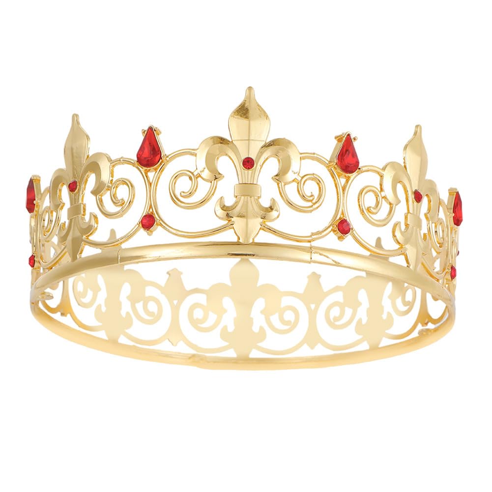 Royal Full Round King Crown for Men Crystal Rhinestone Tiara Metal Costume Party Hats Accessories Gold Silver Red Kings Crown for Birthday Prom Christmas Halloween Masquerade Cosplay Events (Red) โ image 1