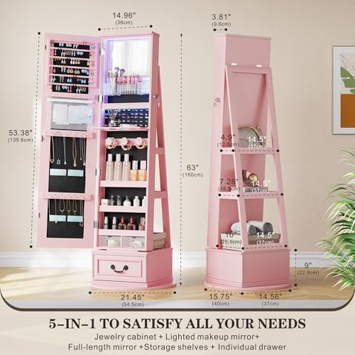 360Swivel-jewelry-organizer-with-Full-Length-Mirror-with-LightsJewelry-Armoire-Cabinet-Standing-with-DrawersLarge-Mirror-Storage-for-Jewelry-and-MakeupBest-Gift-for-MomWife-GirlsPink