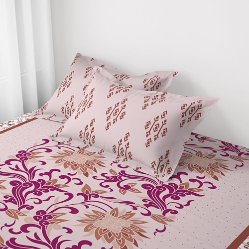 Image of Spaces Welspun Ease 100% Cotton Elegant Floral Print Double Bedsheet with 2 Pillow Covers - Soft Feel, Easy Care & Skin Friendly - 224 X 254 Cm - Dark Pink