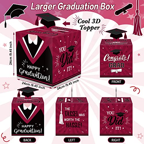 Image of Funrous Large 2026 Maroon and Black Graduation Card Box with 30 Pcs Advice Card Gift Money Box Congrats Grad 3D Cap Top Holder Class of 2026 Party Decorations College Graduation Supplies