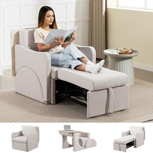3-in-1 Convertible Sleeper Chair: Recliner, Pull-Out Bed & Desk with Adjustable Seat Back for Small Space, Apartment, Office, Beige