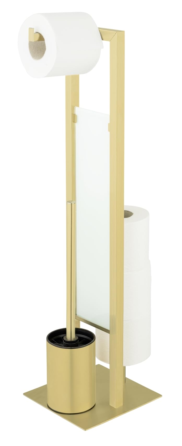 Stand Rivalta Gold - Escobillero de inodoro de pie 3 en 1 para papel higiénico, ruedas de repuesto y escobilla de inodoro, acero inoxidable, 18 x 70 x 23 cm, color dorado