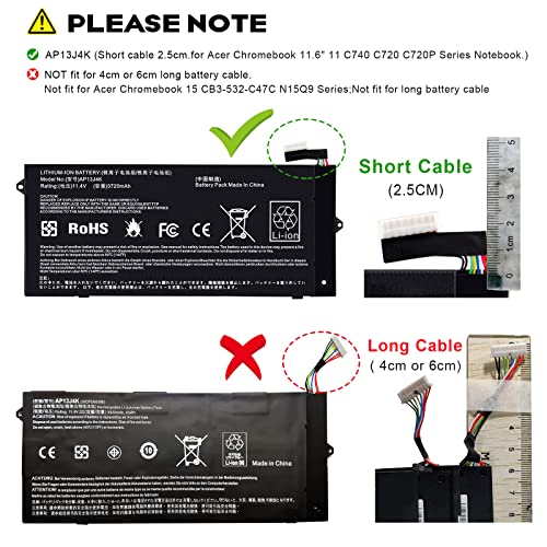Image of ASUNCELL 3720mAh AP13J4K Battery for Acer Chromebook 11.6 inch C720P C720 11 C740 Sesies C720P-2666 C720-2800 C740-C3P1 C740-C4PE KT.00304.001 KT.00303.001, 11.4V 4-Cell (2.5cm Short Cable)