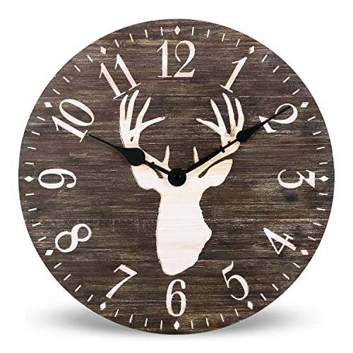NIKKY HOME 12 Farmhouse Wood Antler Wall Clock Battery Operated Silent Non Ticking Rustic Outdoor Wooden Clock Cabin Deer Decor Home Decorative for Kitchen, Living Room, Bedroom, Office