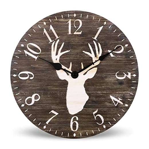 NIKKY HOME 12" Farmhouse Wood Antler Wall Clock Battery Operated Silent Non Ticking Rustic Outdoor Wooden Clock Cabin Deer Decor Home Decorative for Kitchen, Living Room, Bedroom, Office