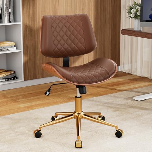 Image of Armless Office Chair with Back, Mid Century Modern Small Desk Chair, No Arms Leather Computer Chair for Home Office, Swivel Vanity Chair, Rolling, Adjustable Height (Dark Brown)
