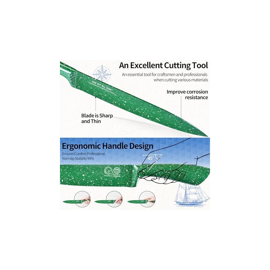 XYJ Authentic Since 1986, Knife Block Set, Stainless Steel Kitchen Knife Set with Knife Holder, Green Color, Japanese Chef Knife Set, Steak Knives, Fruit Bread Carving Slicing Knife