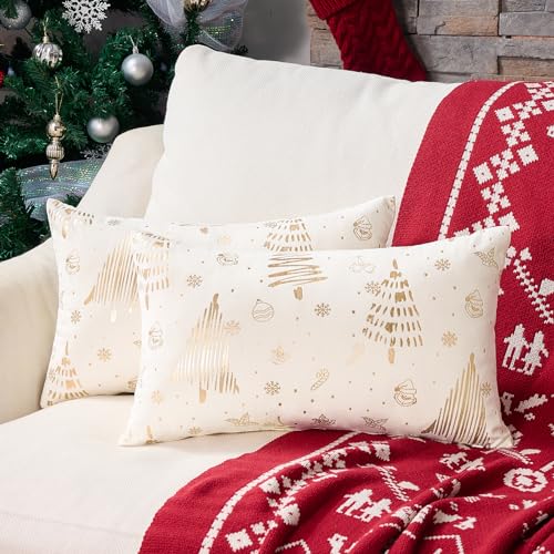Topfinel Christmas Pillowcases 12x20 Inches Set of 2, Xmas Tree Gold Brozing Lumbar Pillow Cover Christmas Cream Velvet Cushion Pillow Cases for Sofa Bedroom Winter Holiday Home Decoration