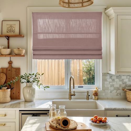 Image of TWOPAGES Isabella No Drill Cordless Roman Shade Linen Textured Cotton Roman Blind for Windows, Custom Made Room Darkening Blackout Roman Window Shade, Hardware Included, Coral Red, 1 Piece