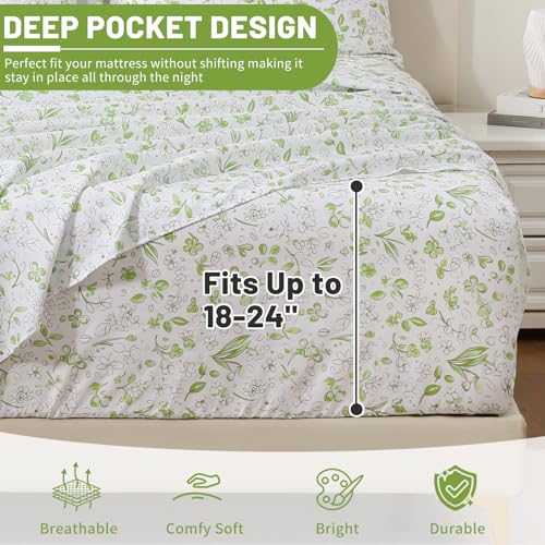 Image of Bedlifes Floral Pattern Bed Sheet Set Queen Size, 16 inch Deep Pocket 4PCS | Ultra Soft Microfiber, Breathable & Silky, OEKO-TEX Certified, Easy-Care Machine Washable, 4PCS, All-Season Spring Bedding
