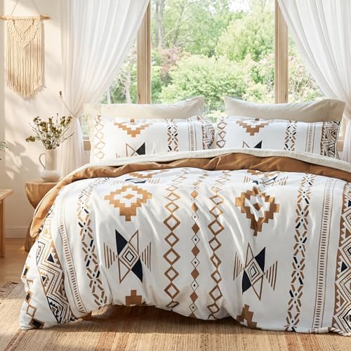 Image of Bedsure Duvet Cover Queen Size - Modern Boho Geometry Floral Duvet Cover Set with Zipper Closure, 3 Pieces Hazel Bedding Set with 8 Corner Ties and 2 Pillow Shams 20 inchx26 inch