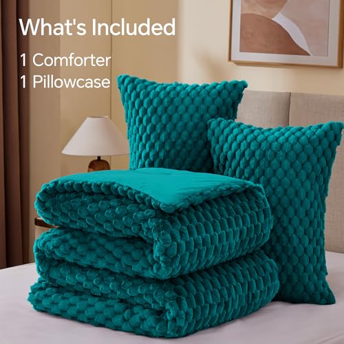 Image of BEDELITE Fluffy Twin Comforter Set - Teal Fleece Soft Comforter for Twin Size Bed, Luxury Warm Bedding Set for Winter, Fuzzy Bed Set 2 Pieces (1 Comforter, 1 Pillowcase)