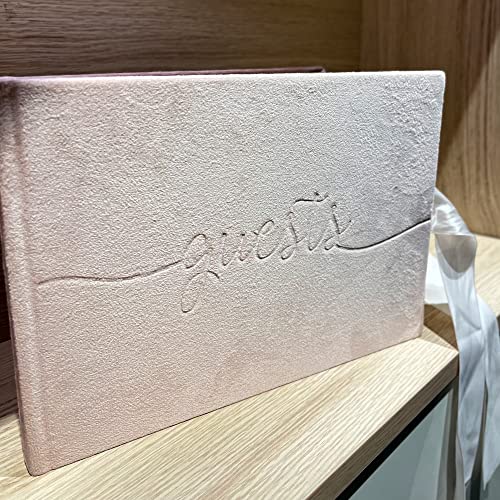 Rosh Pinnah Luxury Velvet Guest Book (96 Pages) - Sign-In Registry Guestbook & Keepsake & Polaroids Album Book – Velvet Hard Cover With Satin Ribbon - 7” X 10" (Dusty Pink) #TOP6