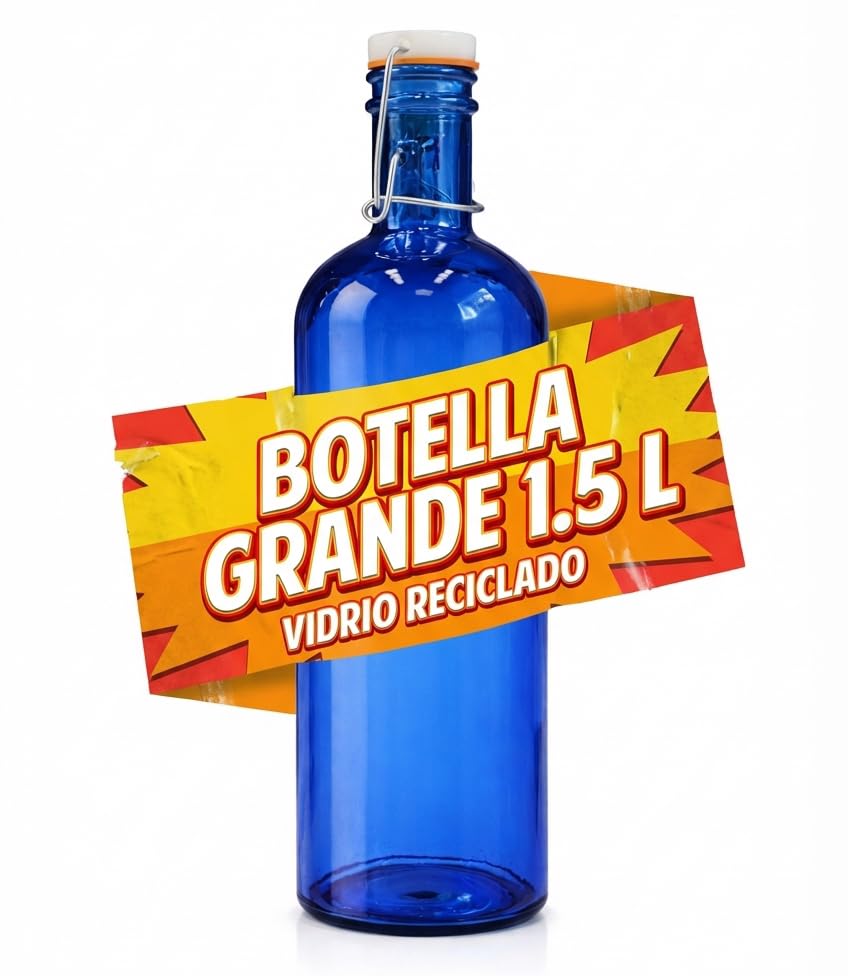 Viste-lo Botella Cristal Vidrio Reciclado Con Tapón Hermético Amarre Metálico Ecológica Resistente Para Agua Zumo Bebidas Frías Uso Diario Lavavajillas Oficina Hogar Cocina Exterior (Azul 1.5 L)