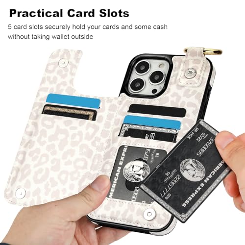 Image of HAOPINSH for iPhone 13 Pro Max Wallet Case with Card Holder, White Leopard Cheetah Print Back Flip Folio PU Leather Kickstand Card Slots Case, Finger Grip Ring Double Magnetic Clasp Shockproof 6.7 inch