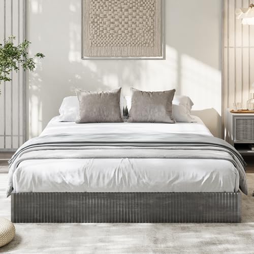 Image of GarveeHome Full Size Bed Frame, Wood Platform Bed, Fluted Bed Frame, Minimalist Bed Base with Low Profile Design, Noise-Free, Easy Assembly, No Box Spring Needed, Washed Black