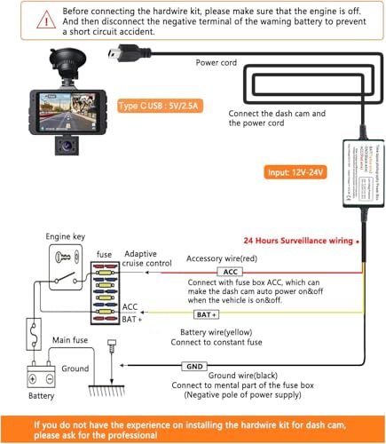 Image of Gebildet Dash Cam Hardwire Kit, Car Dash Camera Mini Charger Hard Wire Kit for Dashcam DC 12-24V to 5V /2.5A Low Voltage Protection 24h Parking Surveillance with Fuse Tap