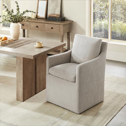 Image of KISLOT Upholstered Dining Chairs with Casters, No Assembly Modern Accent Armchair with Rollers for Dining Room, Bedroom, Living Room, Reading Room, Already Assembled, Sand, 1 Box