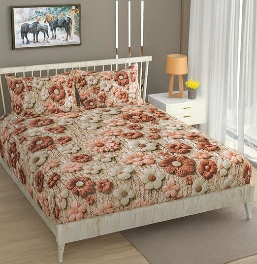 Image of RUMPS 380 TC Premium Heavy Cotton 7D Print Fast Colour Feel Elastic Fitted Floral Bedsheet King Size with 2 Pillow Covers || (Brown, Fitted - Double-72 x72)