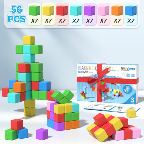 Image of Magnetic Blocks Large, 56PCS 1.34in Magnetic Building Blocks, 3D Magnetic Cubes for Toddlers, Preschool Educational Construction Kit, Sensory Montessori Toys Kids Blocks for Boys Girls Toddlers