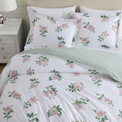 Image of Martha Stewart - Twin Comforter Set, 100% Silky Smooth Cotton Sateen Floral Bedding for Year Round Comfort, 2 Piece Bed Set with Matching Pillowcase (Tea Rose Pink)