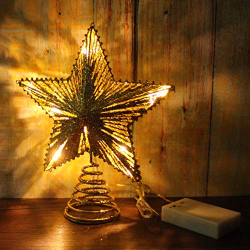 CVHOMEDECO. Gold Glittered 3D Tree Top Star with Warm White LED Lights and Timer for Christmas Tree Decoration and Holiday Seasonal Décor, 8 x 10 Inch - Thumbnail 2