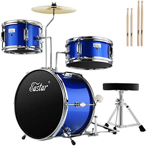 Drum Set Eastar 14 '' Drum Kit for Kids Beginners, 3-Piece with Adjustable Throne, Cymbal, Pedal & 2 Pairs of Drumsticks, Junior Drum Set with Bass Tom Snare Drum, Mirror Blue