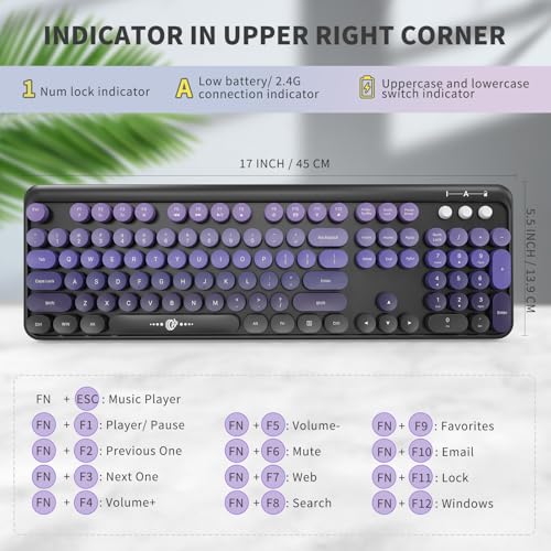Image of Wireless Keyboards Mouse Combos, Colorful Cute Typewriter Full-Size Retro Creamy Keyboard, 2.4GHz Office Quiet Wireless Keyboard and Mouse Set for Desktop Laptop PC Computer (Black Purple)