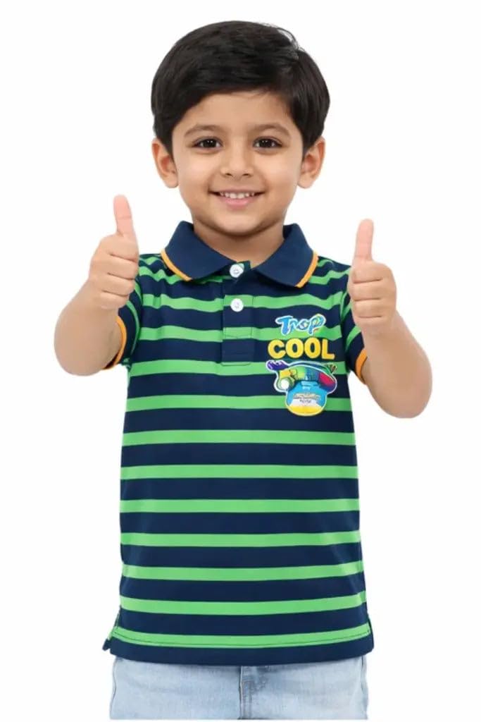 BLOOMUP Navy & Green Striped Polo Kids T-Shirt with Graphic Print – Soft Cotton Summer Wear for Boys 1-2 Years 1