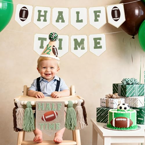 Image of THAWAY Football 1 /2 Birthday Decorations Kit - Includes inchHalf Time inch Banner, High Chair Garland, inch1 /2 Way to One inch Cake Topper, Soft Cone & Photo Backdrop for 6-Month Football Party