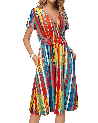Image of Newshows Womens Summer Short Sleeve Casual Dresses V Neck Floral Vacation Sundress Faux Wrap Midi Dress with Pockets