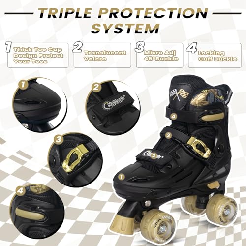 Nattork Adjustable Roller Skates for Kids Boys Girls- Teen Youth Age 8-12 10 11 12 Cool Racing Car Indoor Outdoor Gift Idea for Birthdays Christmas Golden