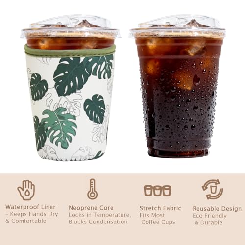 Image of Reusable Insulated Sleeve for Iced Coffee Cup, 3-Pack Coffee Neoprene Drink Sleeve for Cold & Hot Drinks, Beverage Holder for Iced Coffee (Gentle Monstera)