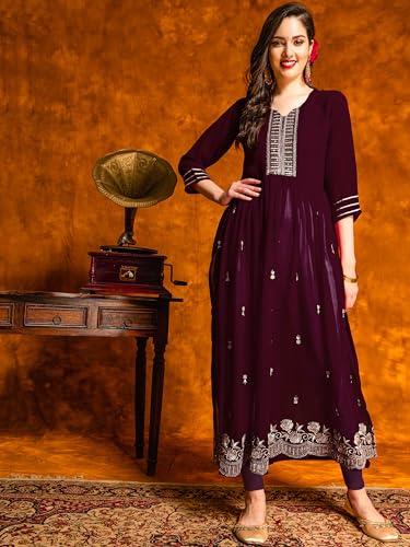 Image of EthnicJunction Women's Georgette Relaxed Fit A Line Embroidered Naira Cut A-Line Kurta | Karva Chauth Special Kurta