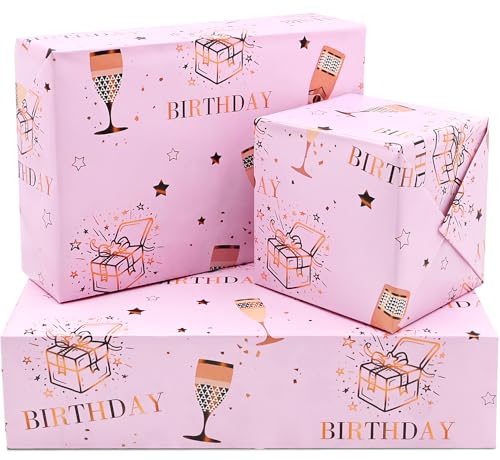 Birthady Wrapping Paper Sheets 50cm*70cm Rose Gold and Pink Happy Birthday Wrapping Paper for Birthday Gift Wrap for Girl Women and Ladies(5sheets)