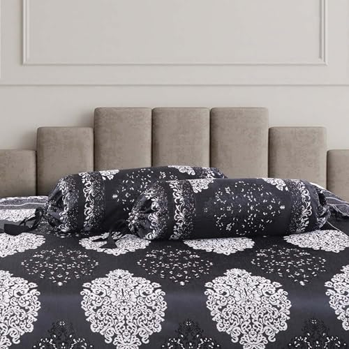 Image of Victor Styria Satin Geometrical Diwan Set 8 Pieces | Poly Cotton Diwan Cover Set with 2 Bolster Covers & 5 Cushion Covers Set for Living Room | Black & White 60x90 Inch