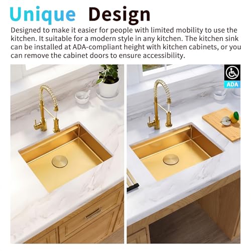 Image of 23 Inch Gold Undermount Kitchen Sink, 16 Gauge Stainless Steel Workstation | 23 inch x 18 inch Single bowl sink with ledge design, accessories included, ADA compliant 6 inch depth, ideal for RV and kitchen use