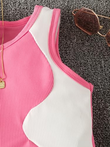 OYOANGLE Girl's Ribbed Knit Crop Tank Top Color Block Crew Neck Sleeveless Tops4